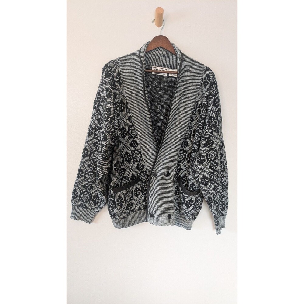 Vintage Gabrielle Mens Cardigan Sweater M Leather Trim Gray Black Geometric